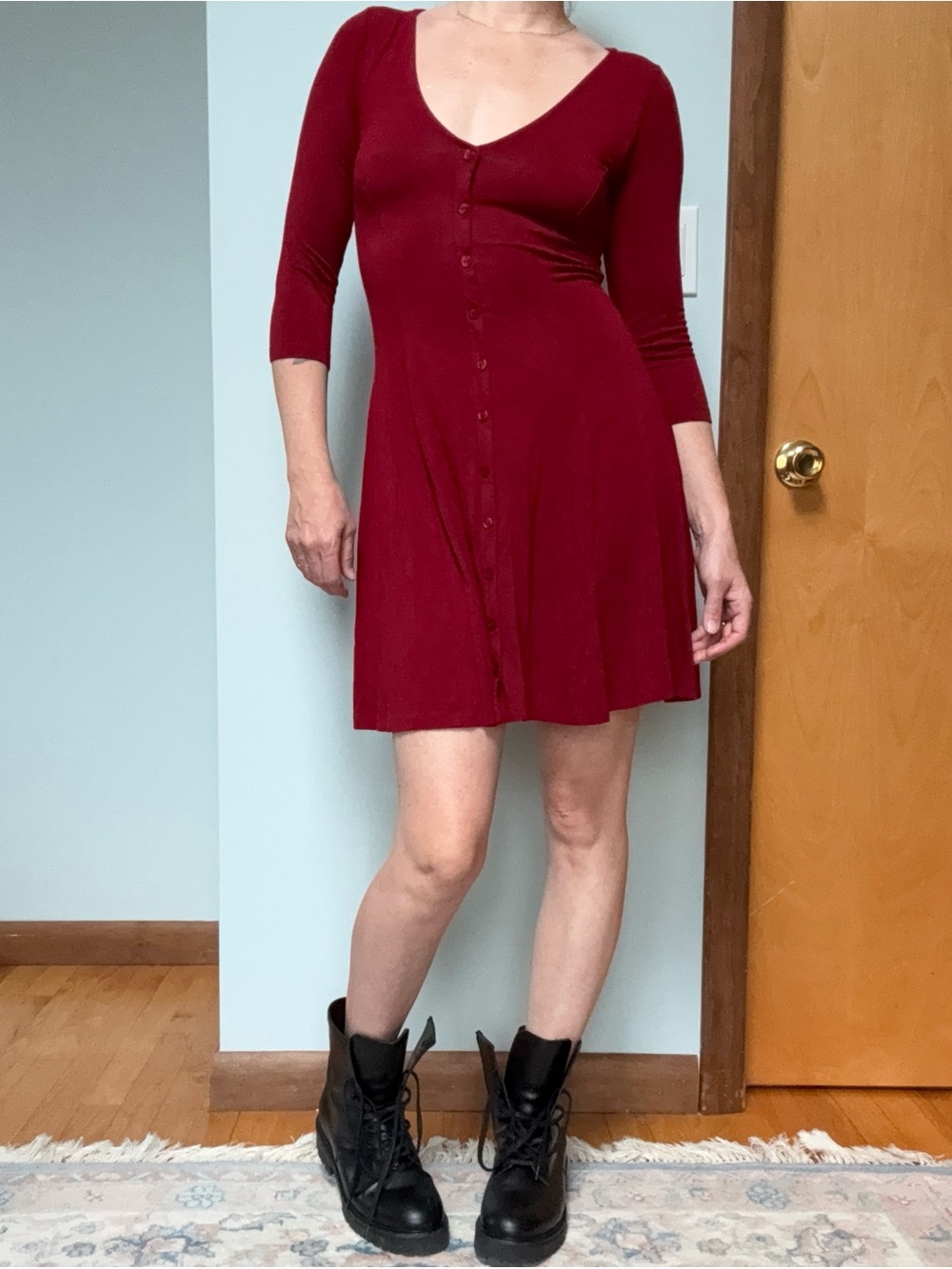 ASOS '90s Skater Dress w/ Faux Buttons & 3/4 Sleeves in Deep Red / US 4 / Small